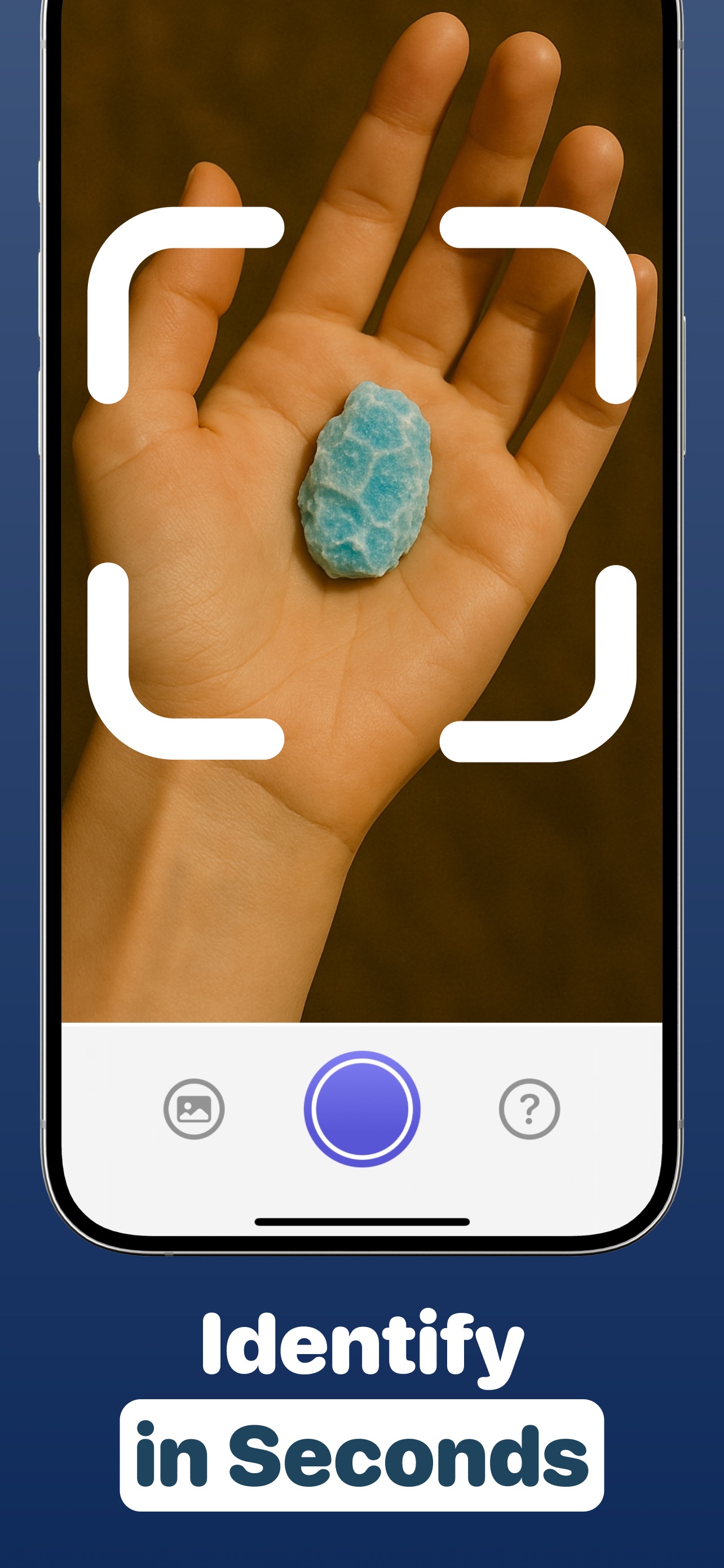 Mineral Identifier AI camera screen scanning a blue larimar stone held in a hand