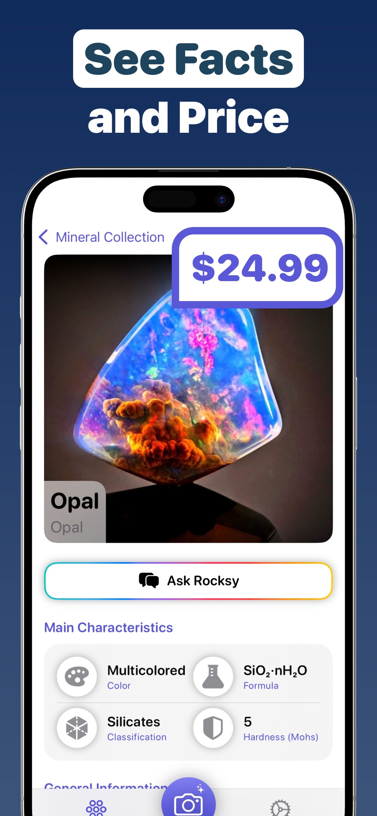Opal identification result showing a $24.99 price estimate, chemical formula and Mohs hardness