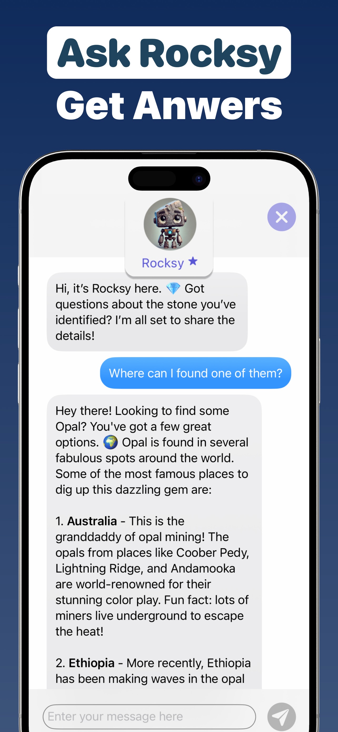 Rocksy AI assistant chat answering where opal can be found in the world